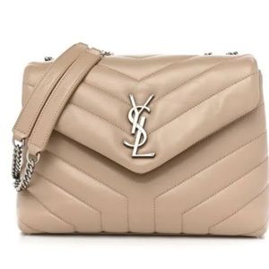 Saint Laurent Calfskin Y Quilted Monogram Small Loulou Chain Satchel Dark Beige